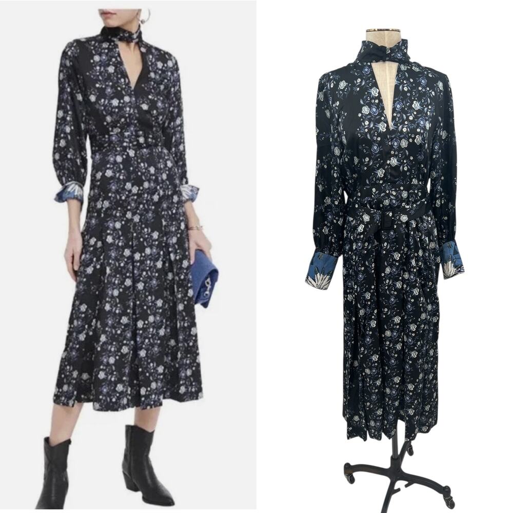 Sandro Bonny Floral Satin Dress Midi Cut Out Long Sleeve Blue Size 40 US 8
